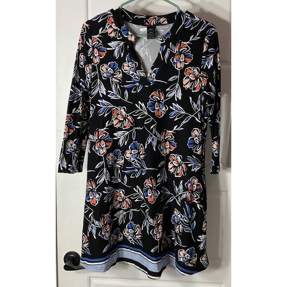 Lildy Black Floral 3/4 Sleeve V Neck Collar Stripped Hem Dress/Tunic S-M - Picture 1 of 5